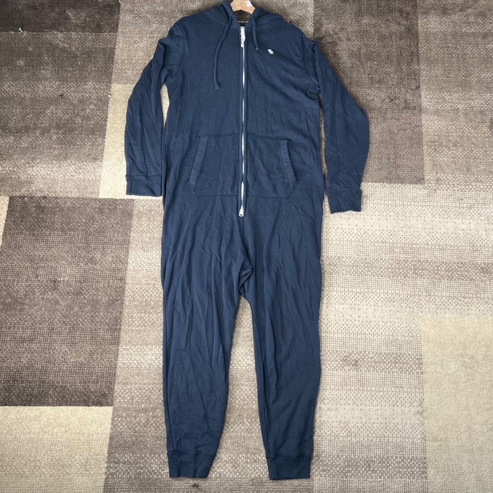 Y2K Abercrombie & Fitch Mens Navy Blue Full Zip Onesie‎ Pajamas M Sherpa Lined
